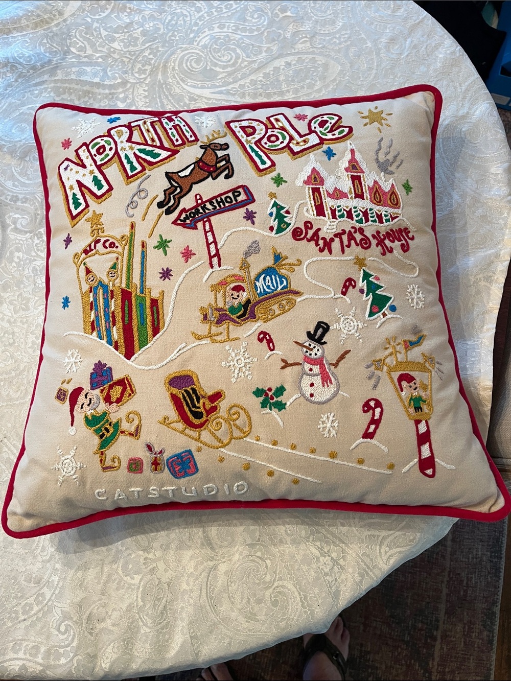 Catstudio Cream Holiday 'North Pole' Hand Embroidered Decorative Pillow Red Trim